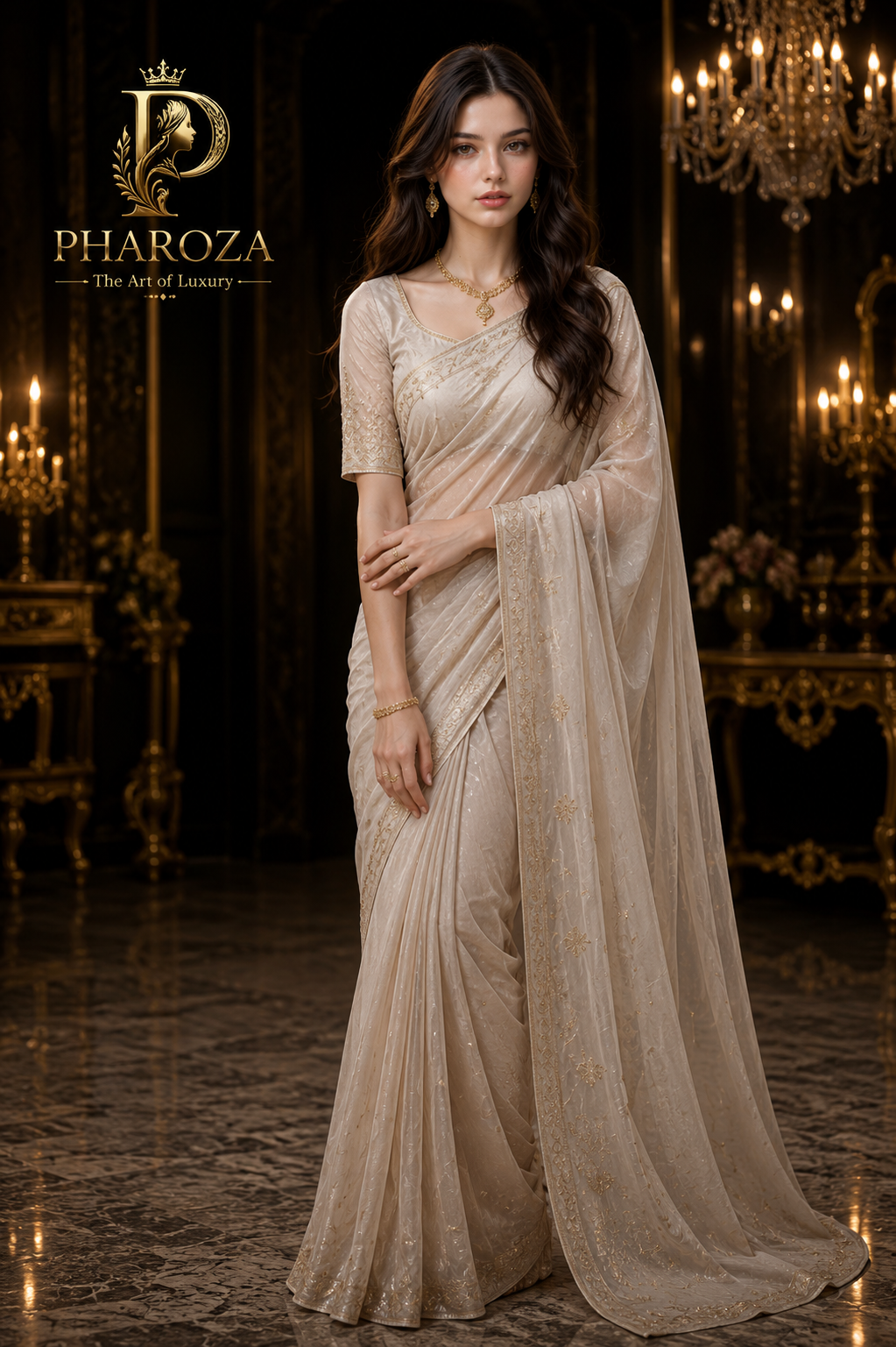 Pharoza muse in an ivory embroidered saree with gold jewellery