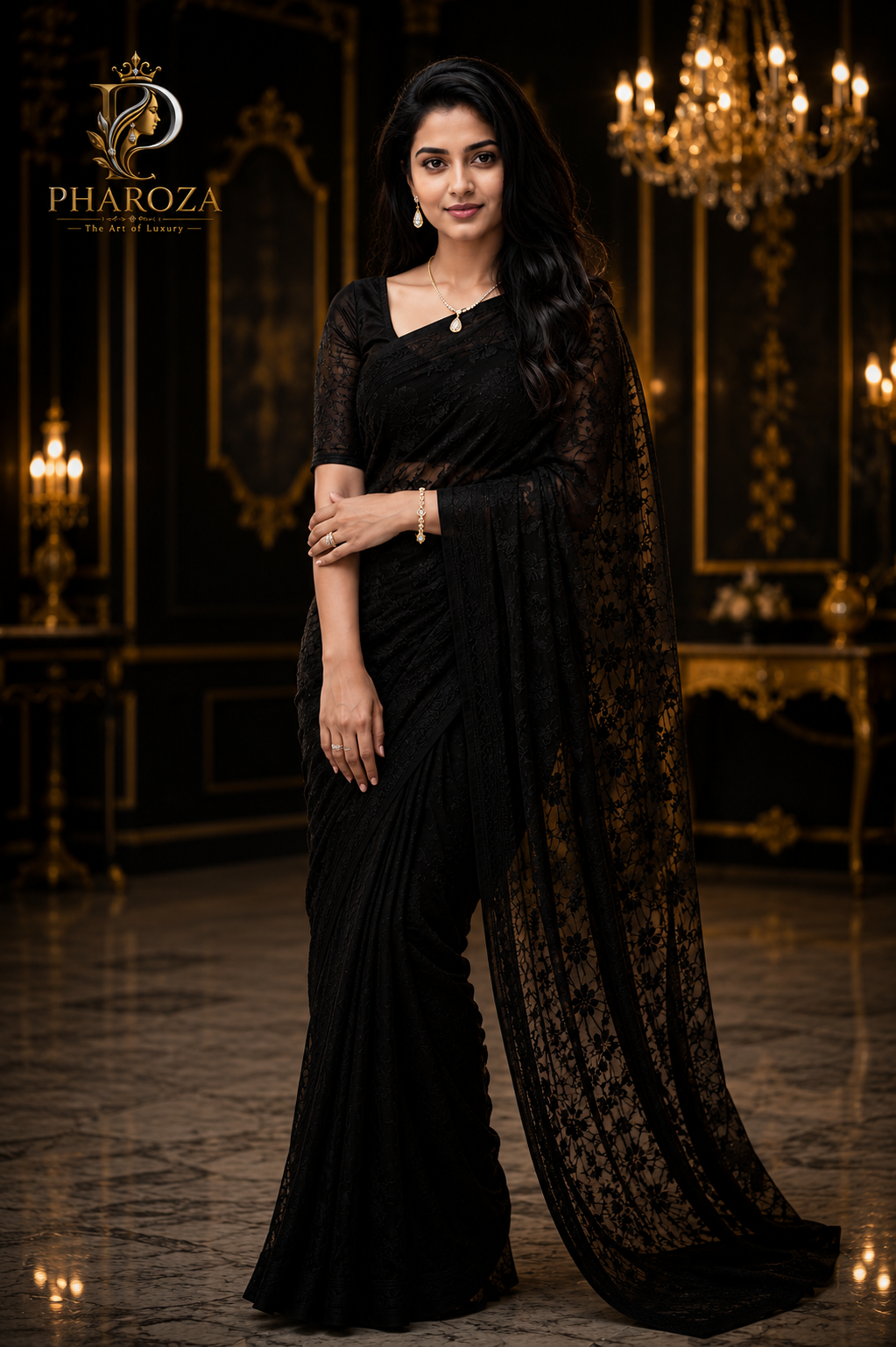 Pharoza muse in a black chantilly lace saree with gold jewellery
